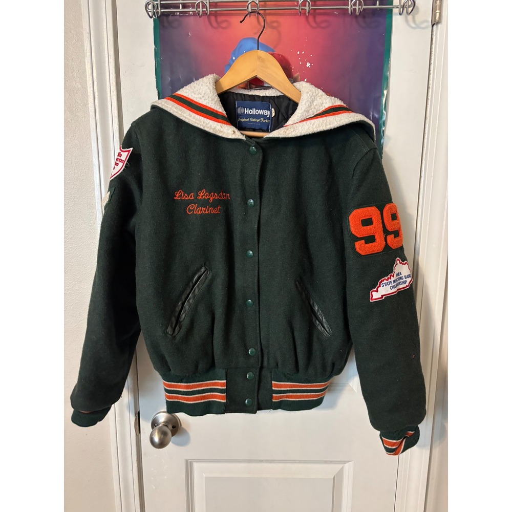 Vintage Holloway Varsity Jacket Womens L Green Wool Raider Band Sailor Hood 90s